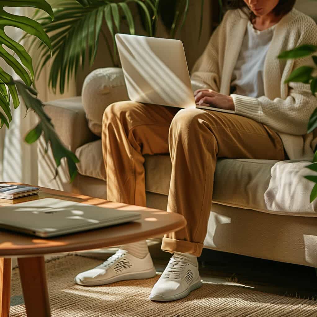 a person sitting on a couch using a laptop